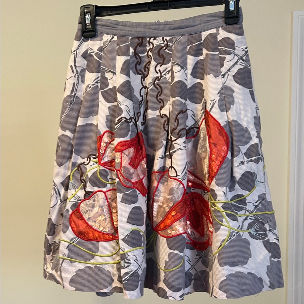 Floreat Gray A-Line Skirt with Red Floral Design